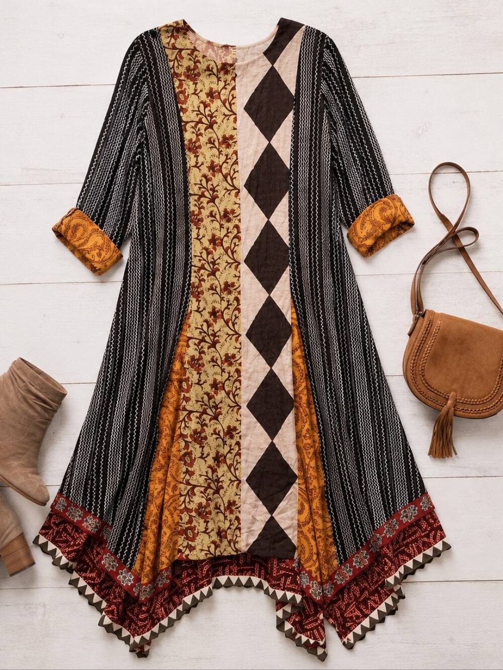 Boho Patchwork Maxi Dress Embroidered Paisley Geometric Earth Tone Hippie - Picture 2 of 7